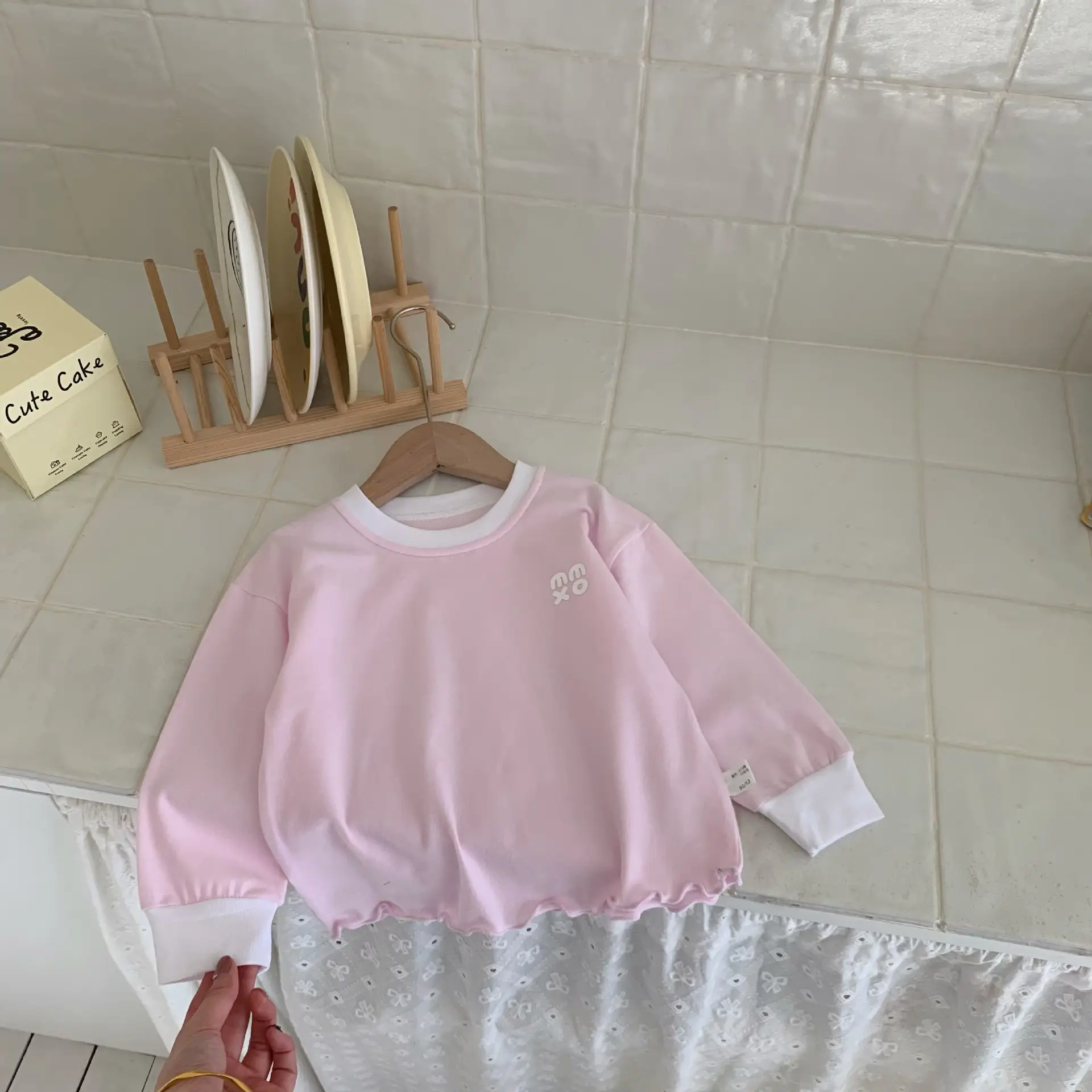 Children's Long Sleeve T-Shirt Solid Beige Spring Base - Image 4