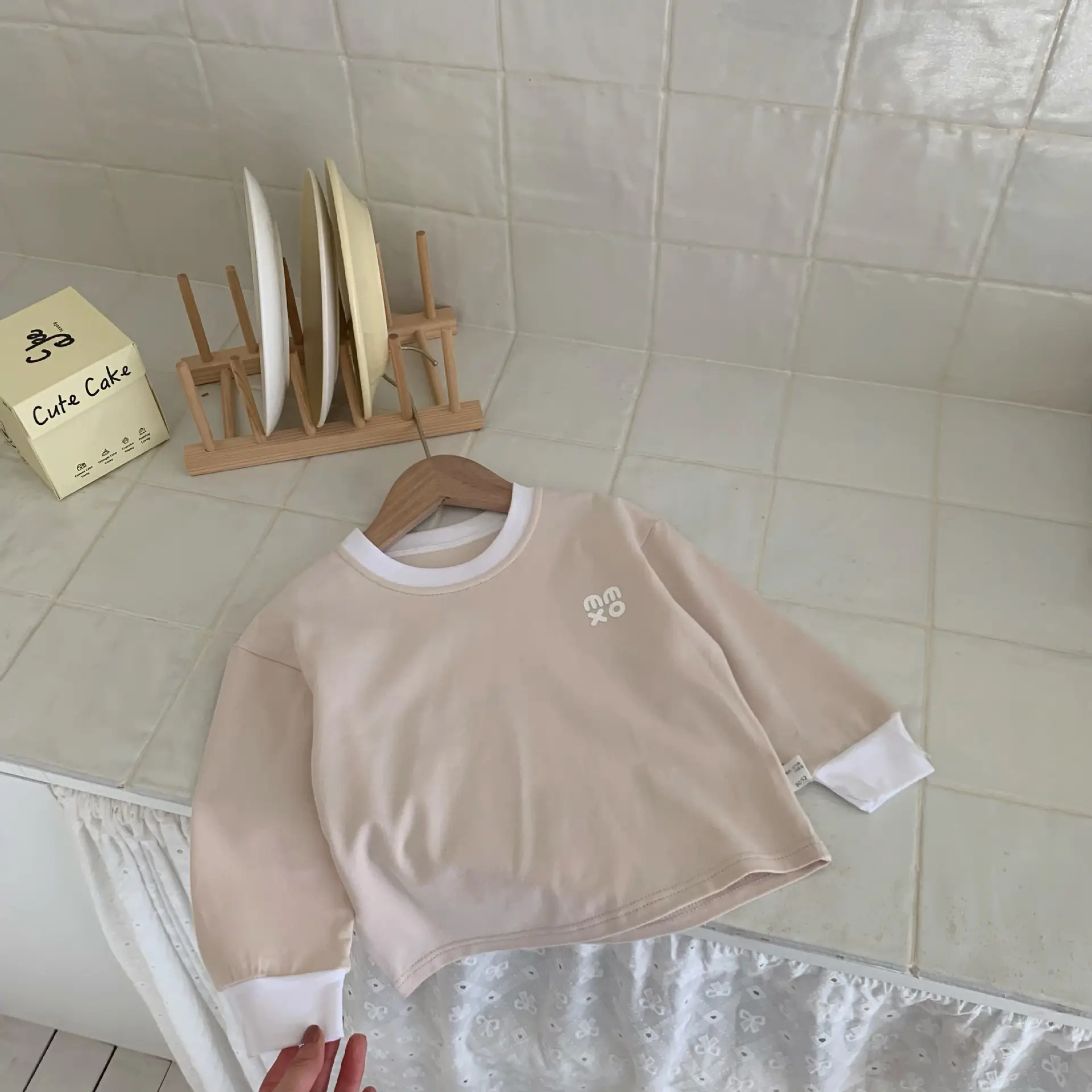 Children's Long Sleeve T-Shirt Solid Beige Spring Base - Image 8