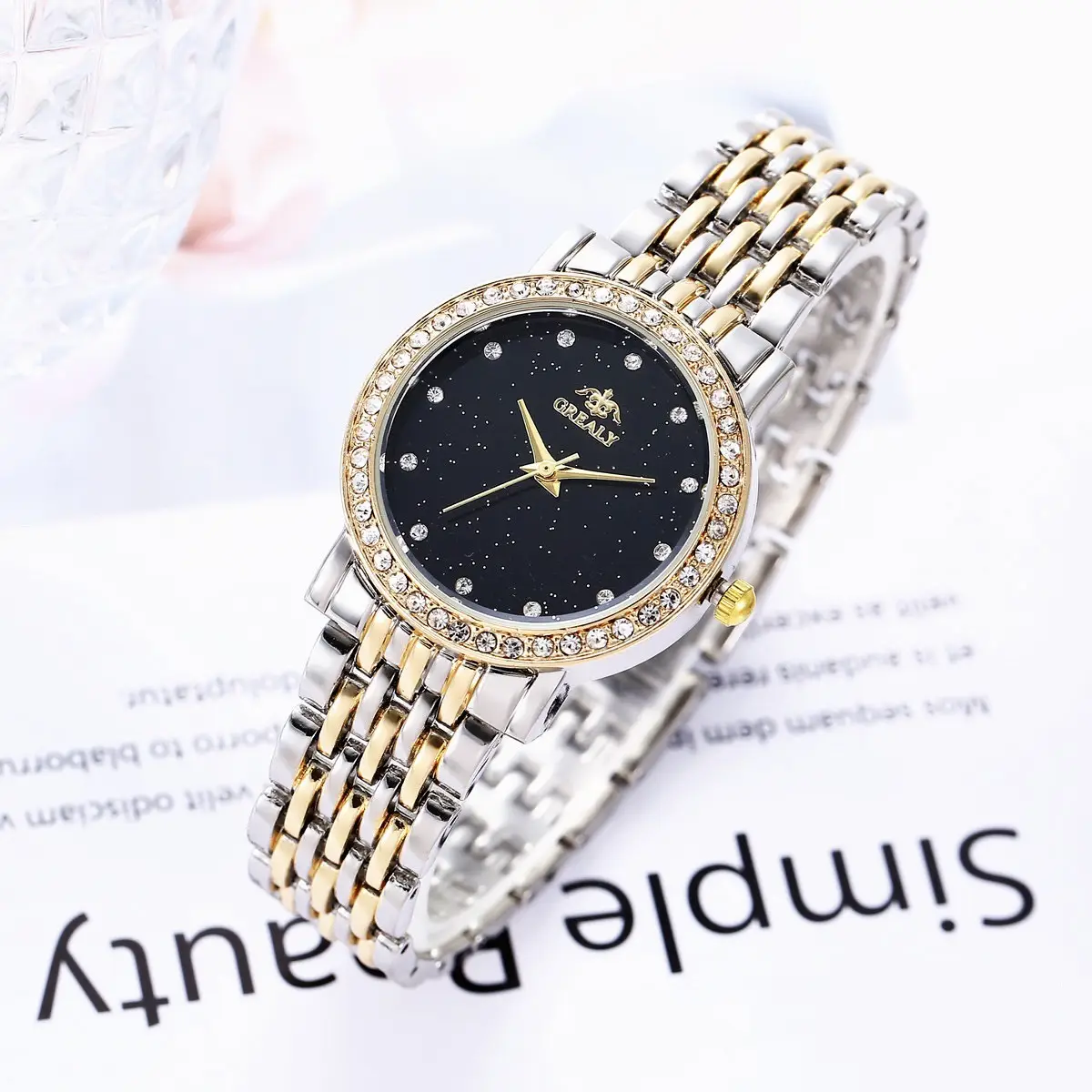 Women's Gold Starry Sky Quartz Watch with Diamond Bracelet
