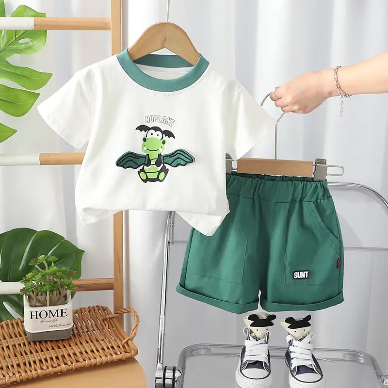 Children Cotton T-Shirt Shorts Set Green White Baby Summer - Image 2