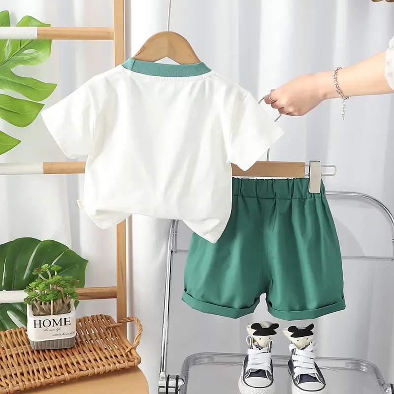 Children Cotton T-Shirt Shorts Set Green White Baby Summer - Image 4