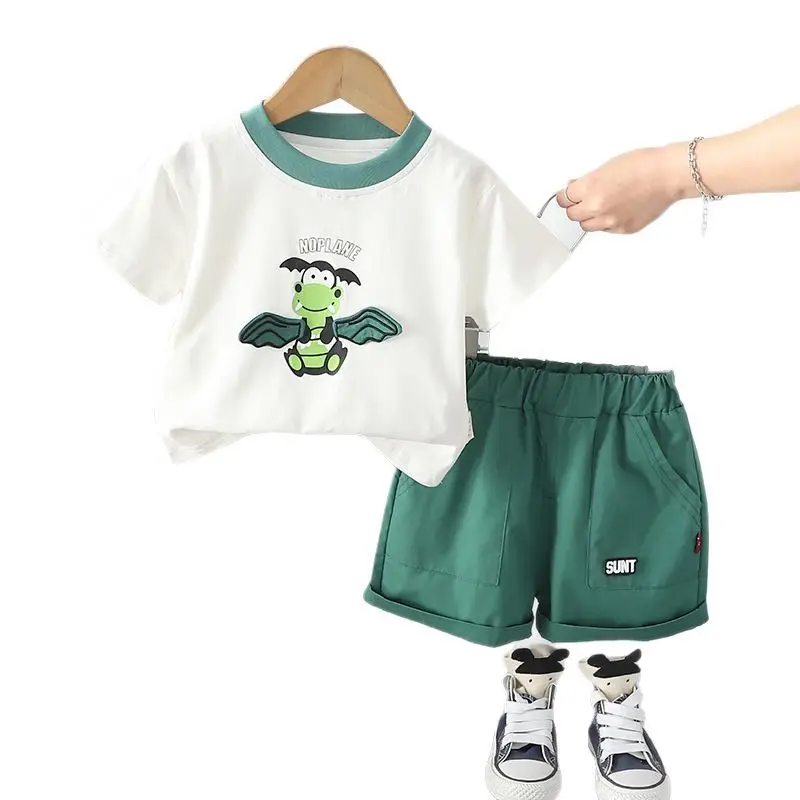 Children Cotton T-Shirt Shorts Set Green White Baby Summer - Image 5