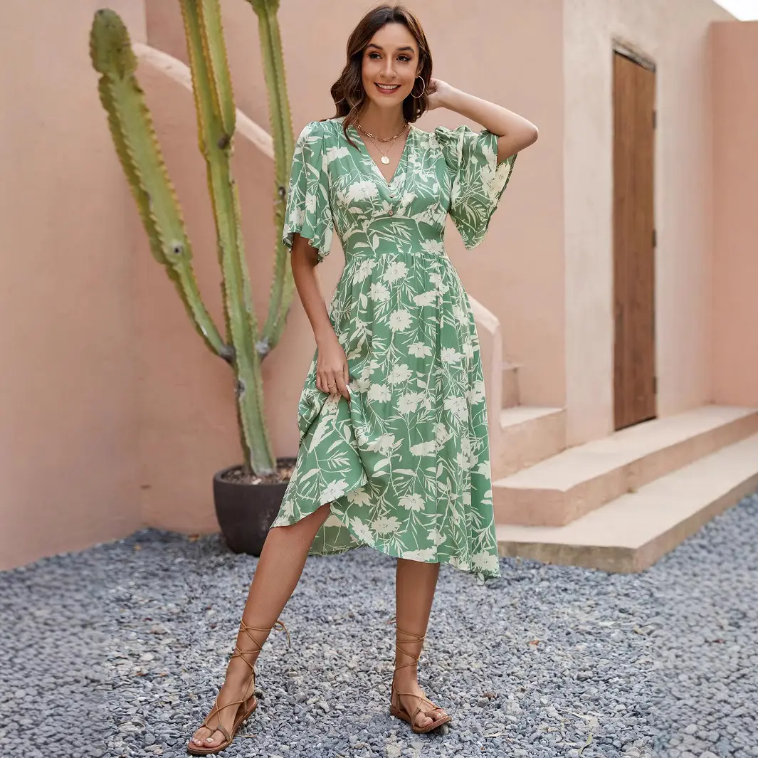 Green Floral V-Neck Shorts Dress for Women - Image 3