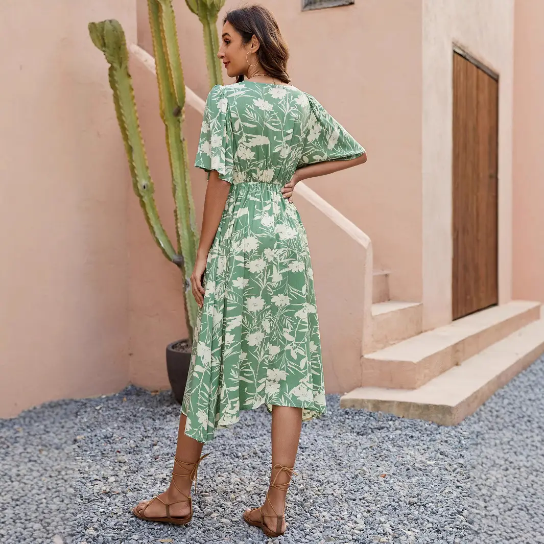 Green Floral V-Neck Shorts Dress for Women - Image 4
