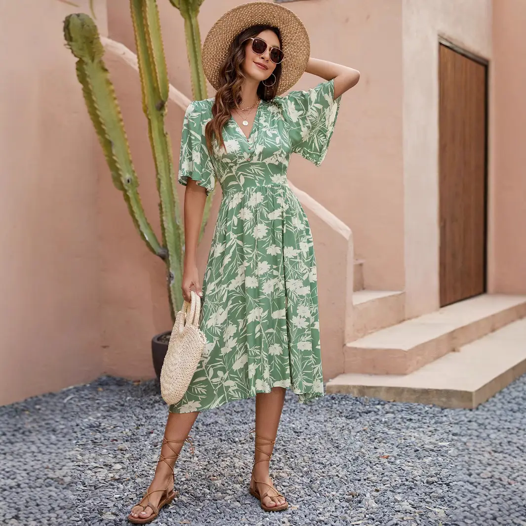Green Floral V-Neck Shorts Dress for Women - Image 5