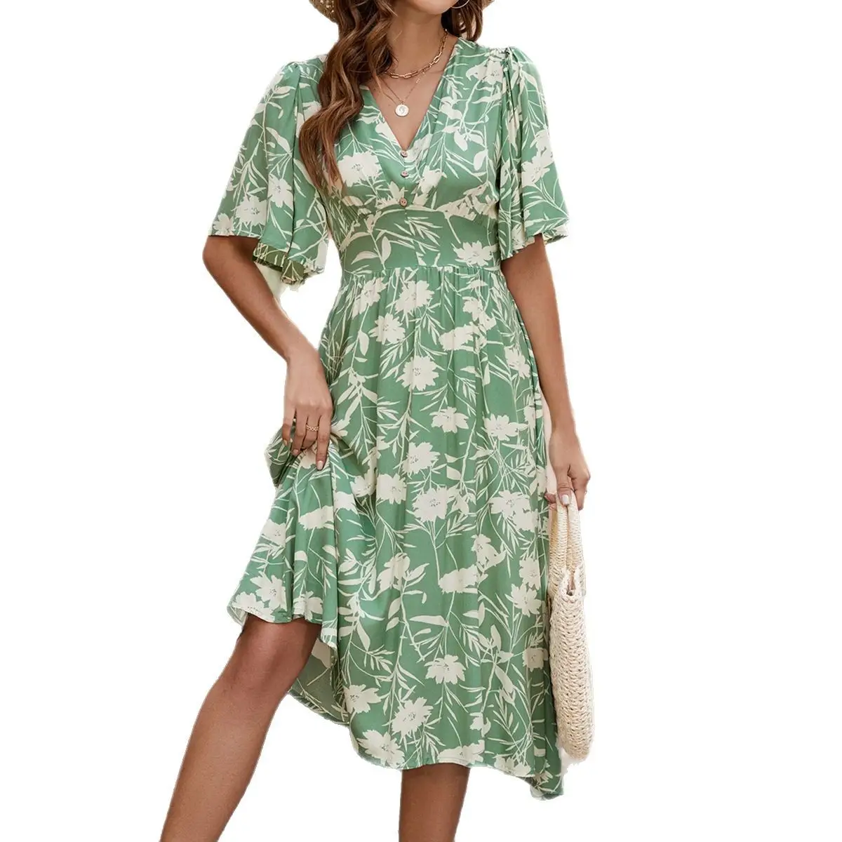 Green Floral V-Neck Shorts Dress for Women - Image 6