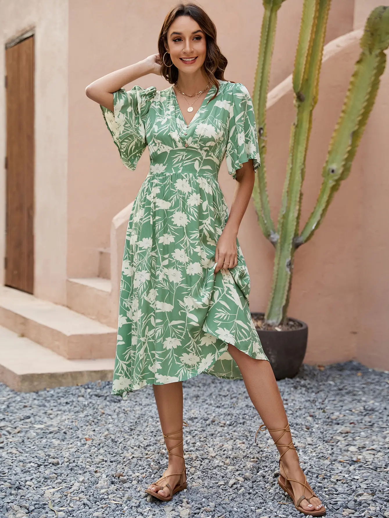 Green Floral V-Neck Shorts Dress for Women — feature 4