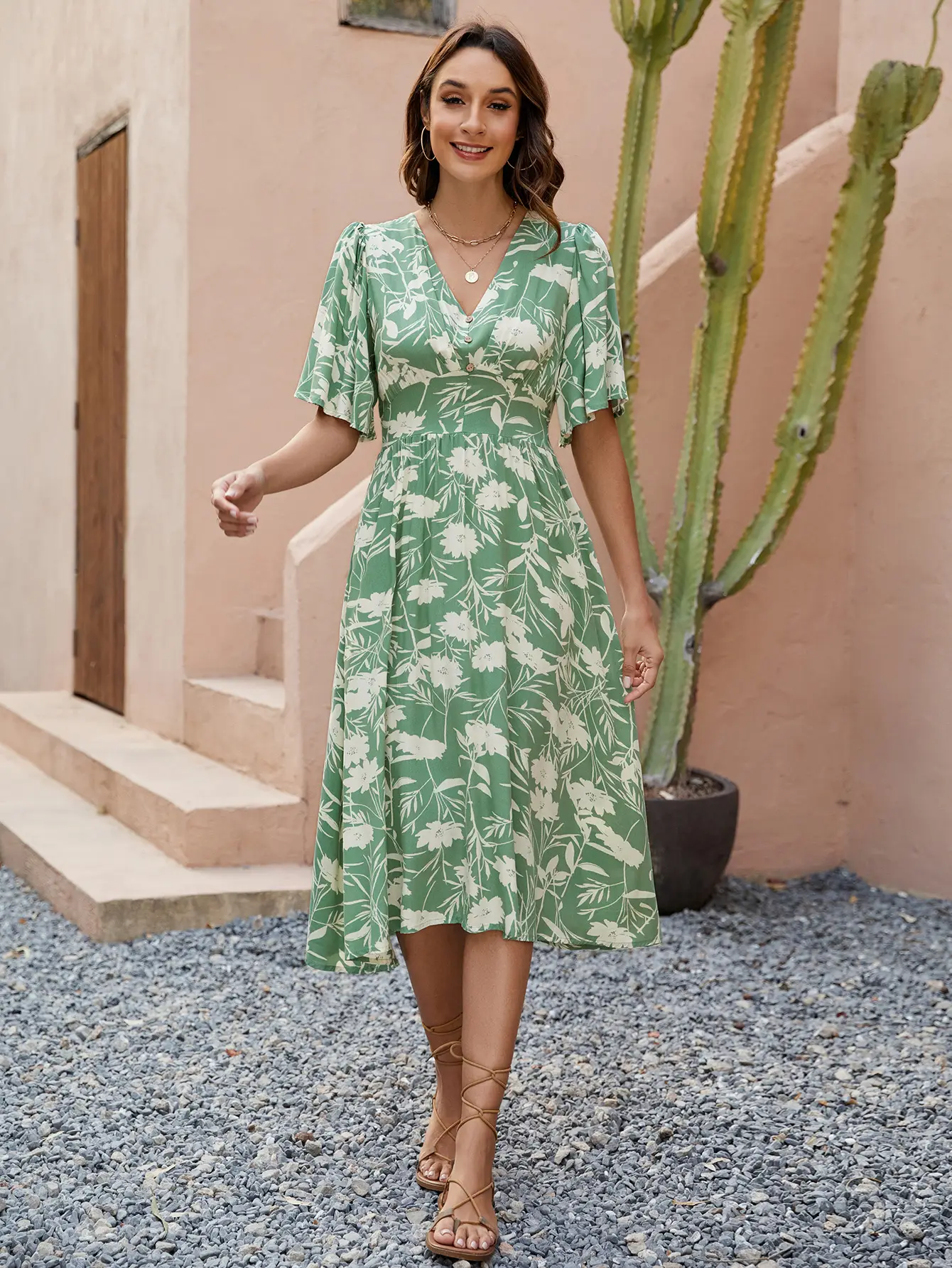 Green Floral V-Neck Shorts Dress for Women — feature 5