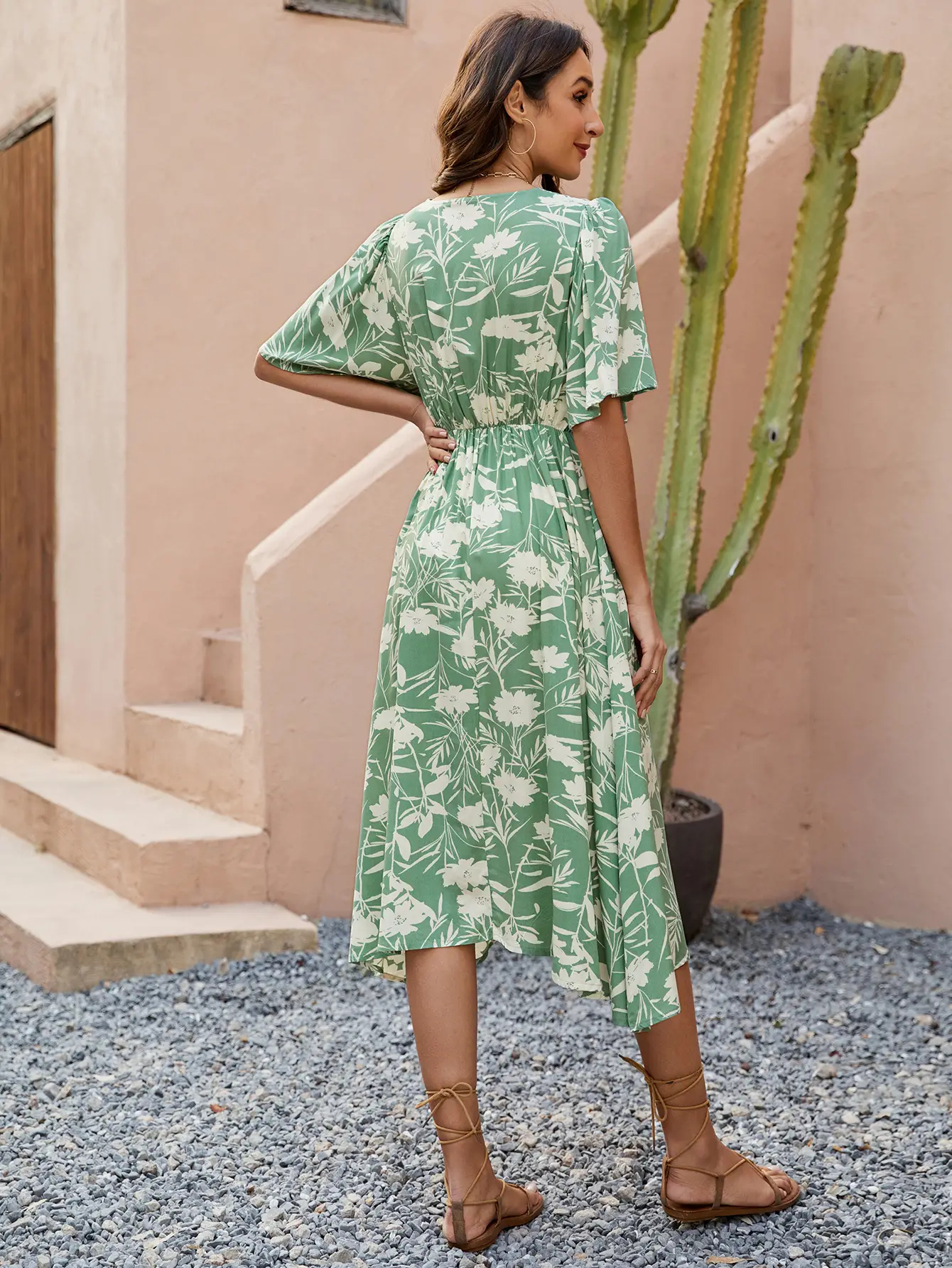 Green Floral V-Neck Shorts Dress for Women — feature 7