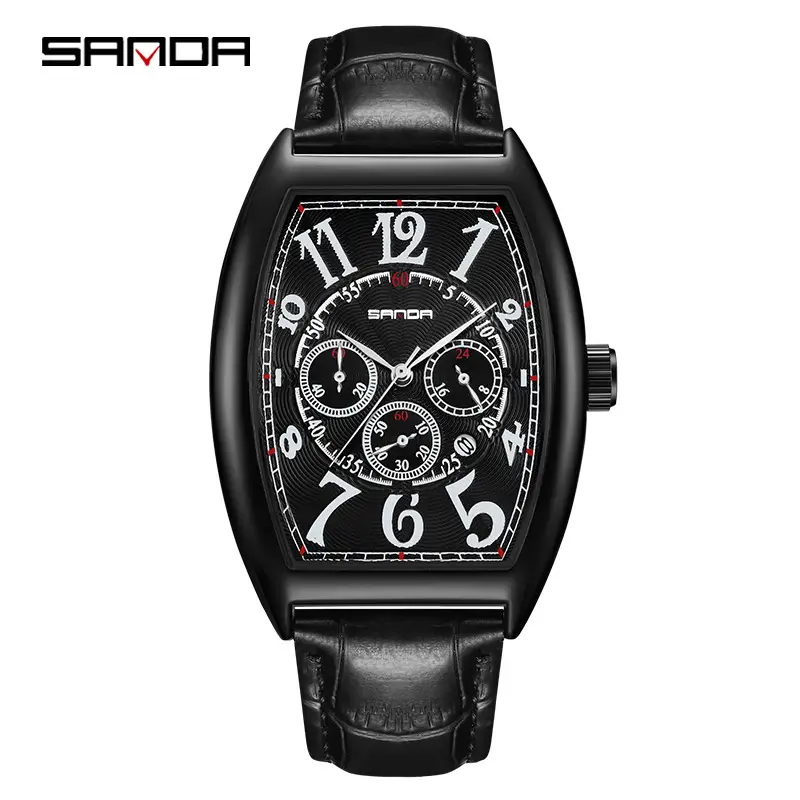 Sanda Men's Black Leather Watch with 6-Hand Display - Image 5