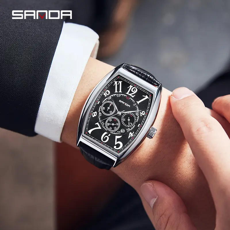 Sanda Men's Black Leather Watch with 6-Hand Display - Image 6