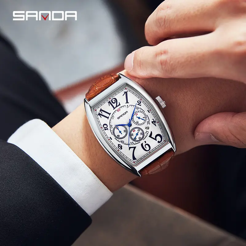 Sanda Men's Black Leather Watch with 6-Hand Display - Image 7