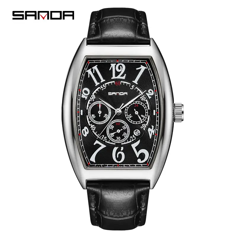 Sanda Men's Black Leather Watch with 6-Hand Display - Image 3