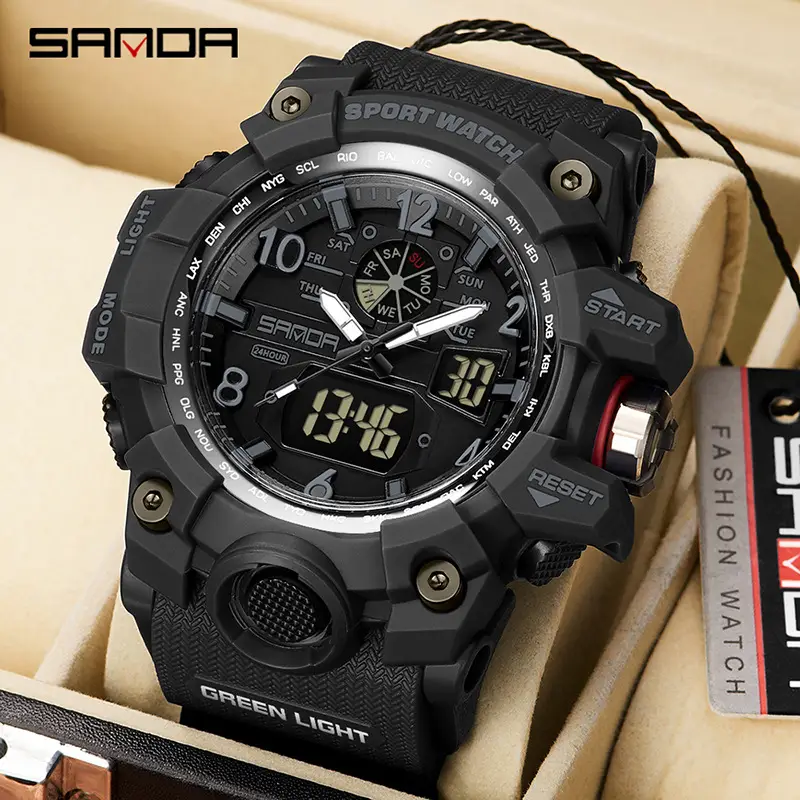 Sanda Black LED Digital Sport Watch with Green Light