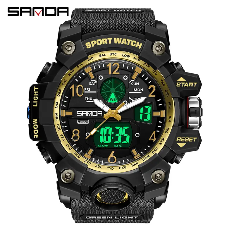 Sanda Black LED Digital Sport Watch with Green Light