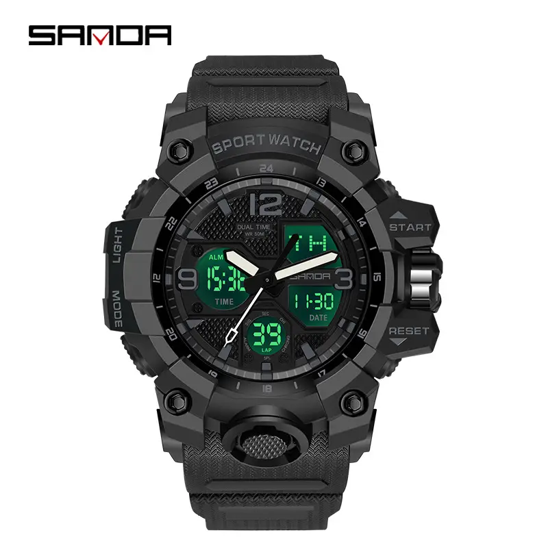 Sanda Black LED Digital Sport Watch with Green Light