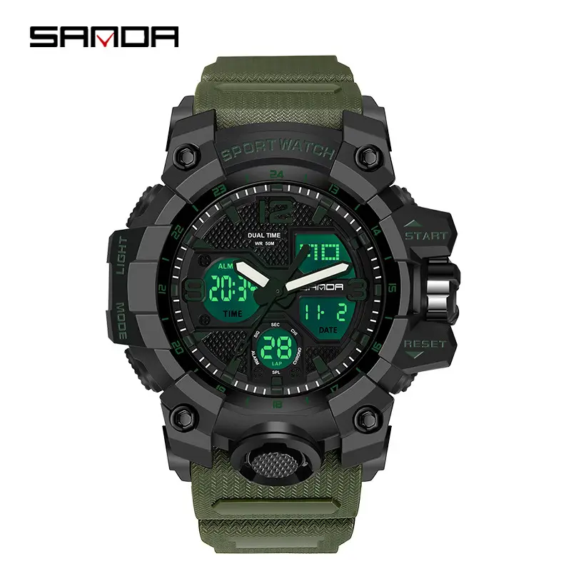 Sanda Black LED Digital Sport Watch with Green Light