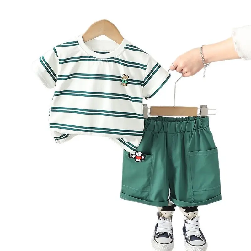 Boys Striped Shorts Set 2025 Green Cotton - Image 7
