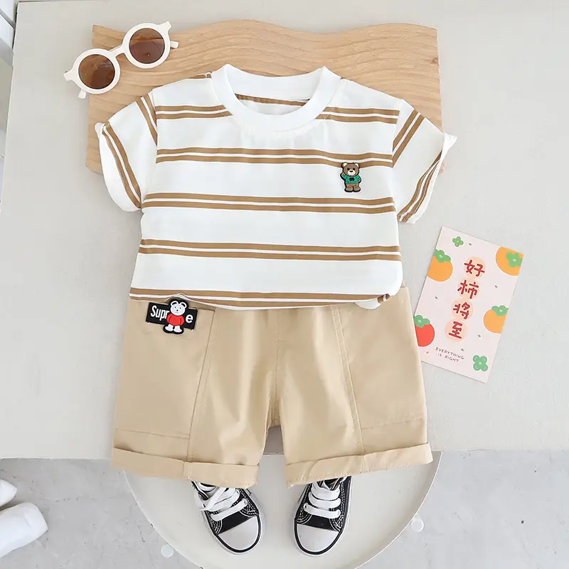 Boys Striped Shorts Set 2025 Green Cotton - Image 2