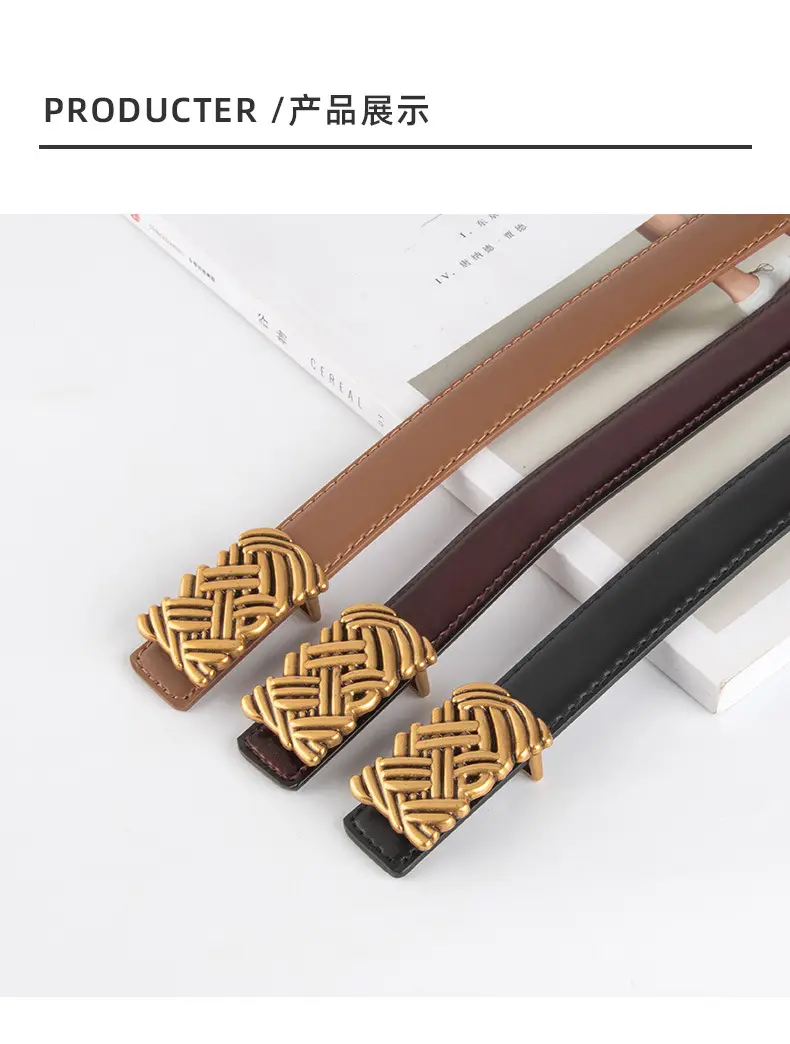 Light Brown Embossed Buckle Leather Belt for Women — feature 10