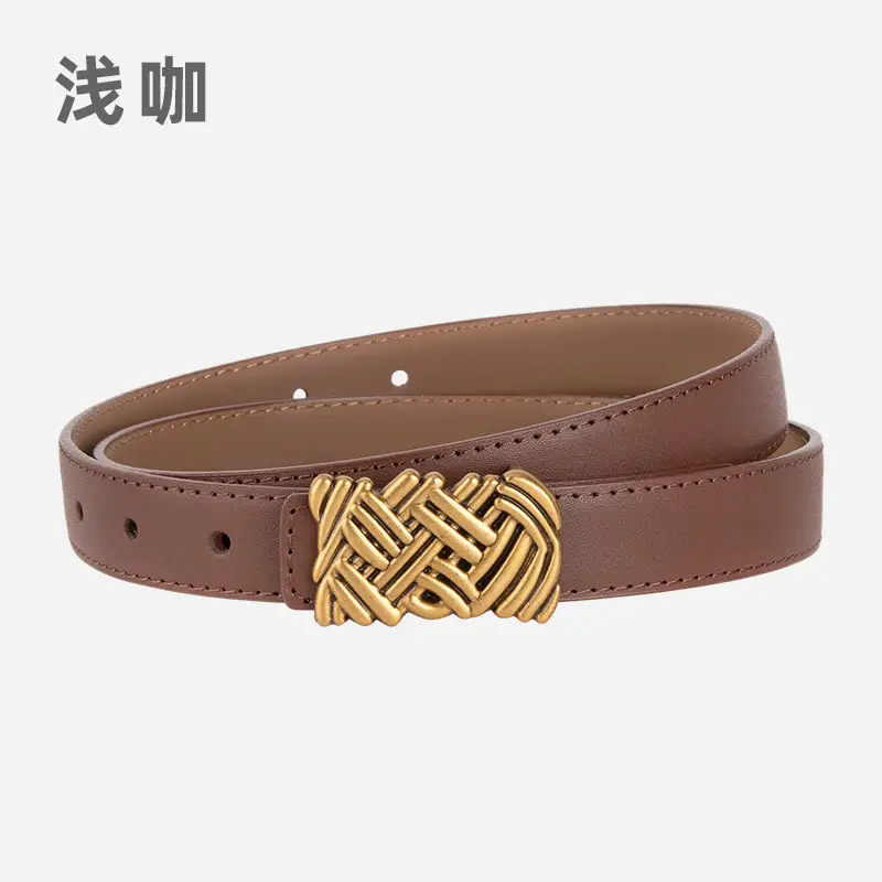Light Brown Embossed Buckle Leather Belt for Women - Image 14