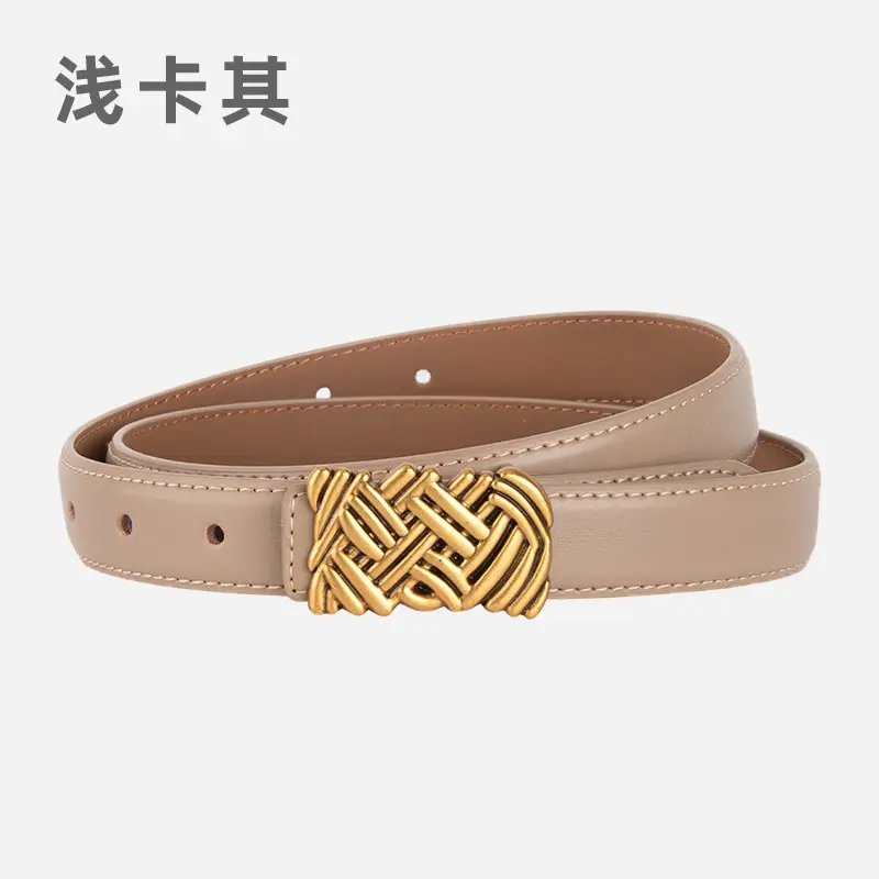 Light Brown Embossed Buckle Leather Belt for Women - Image 15