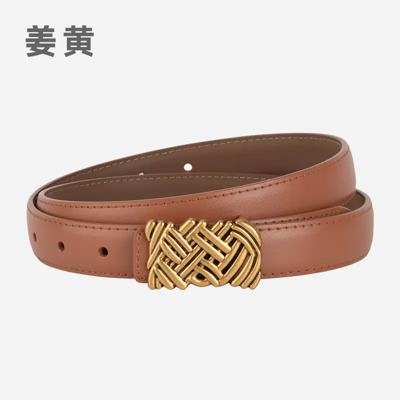 Light Brown Embossed Buckle Leather Belt for Women - Image 7