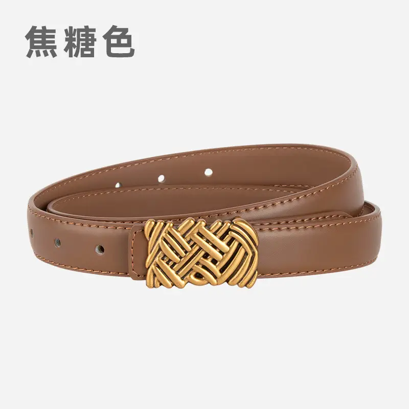 Light Brown Embossed Buckle Leather Belt for Women - Image 8