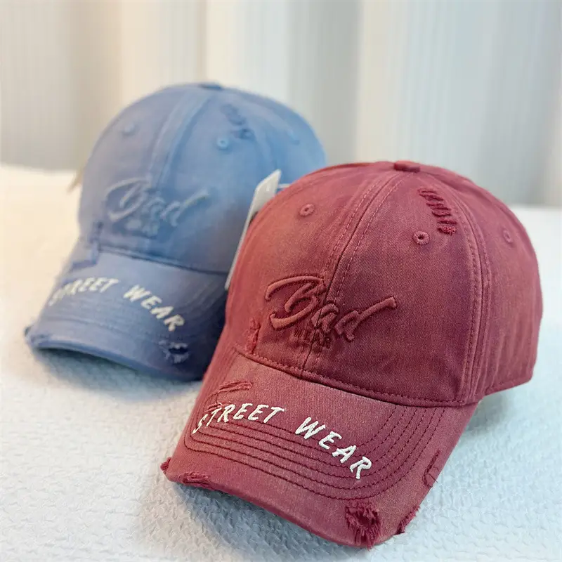Women Denim Hole Baseball Cap Red Wide Brim - Image 10