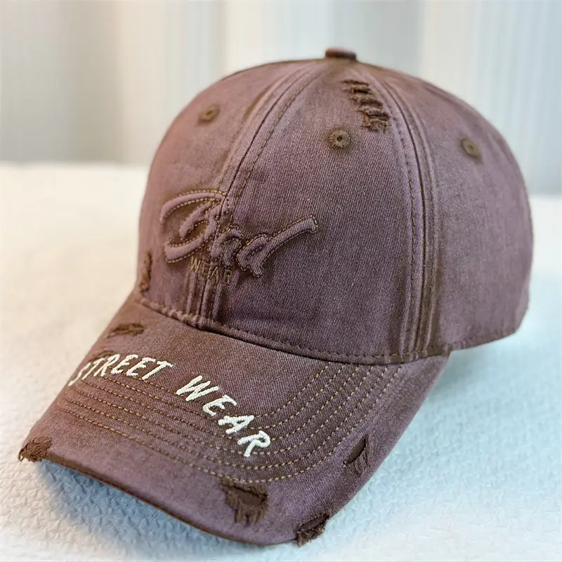 Women Denim Hole Baseball Cap Red Wide Brim - Image 4