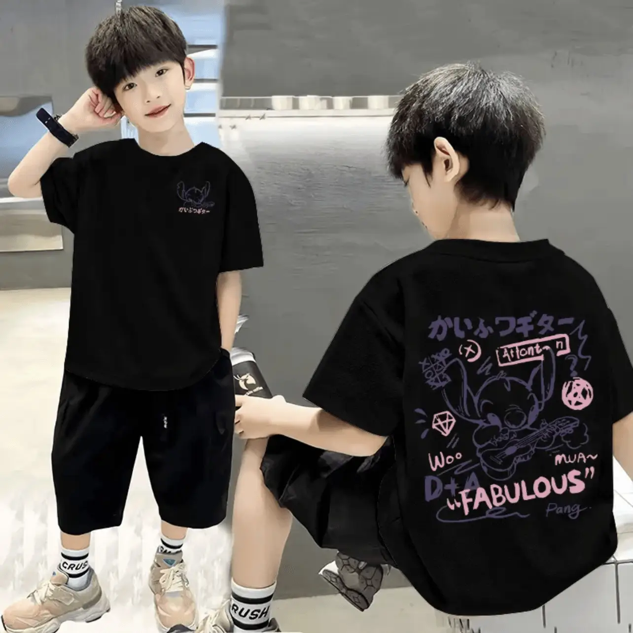 Cotton Boys T-shirt Shorts Set Black Graphic Summer Wear