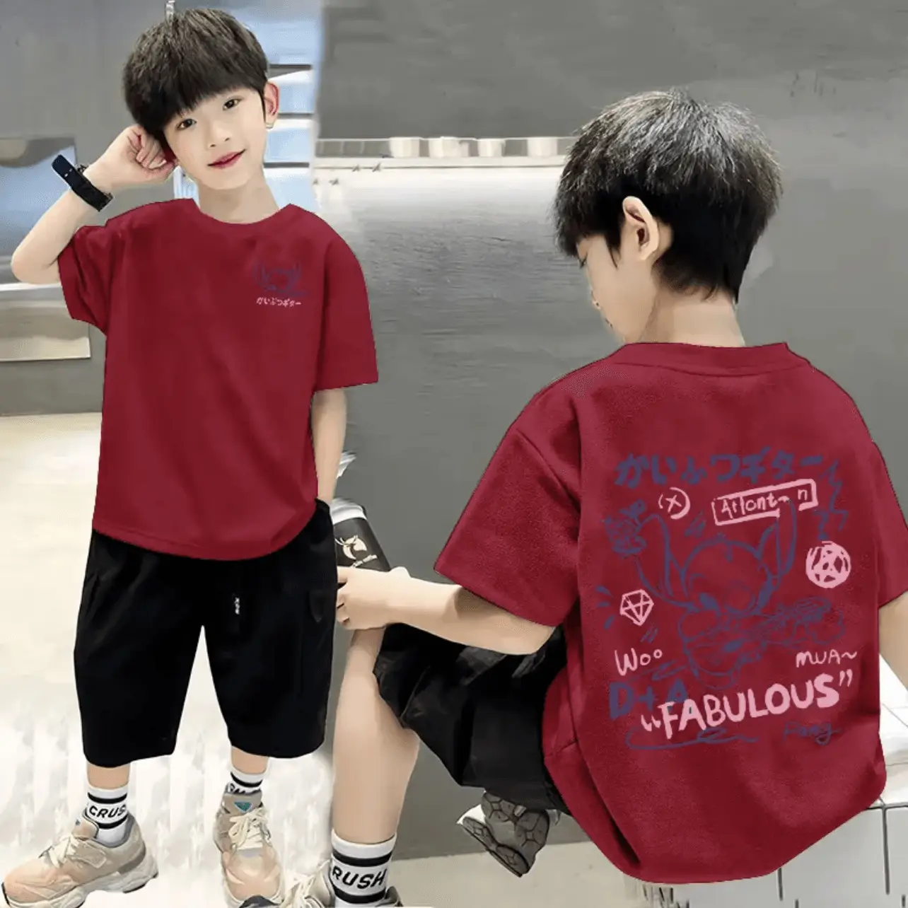 Cotton Boys T-shirt Shorts Set Black Graphic Summer Wear