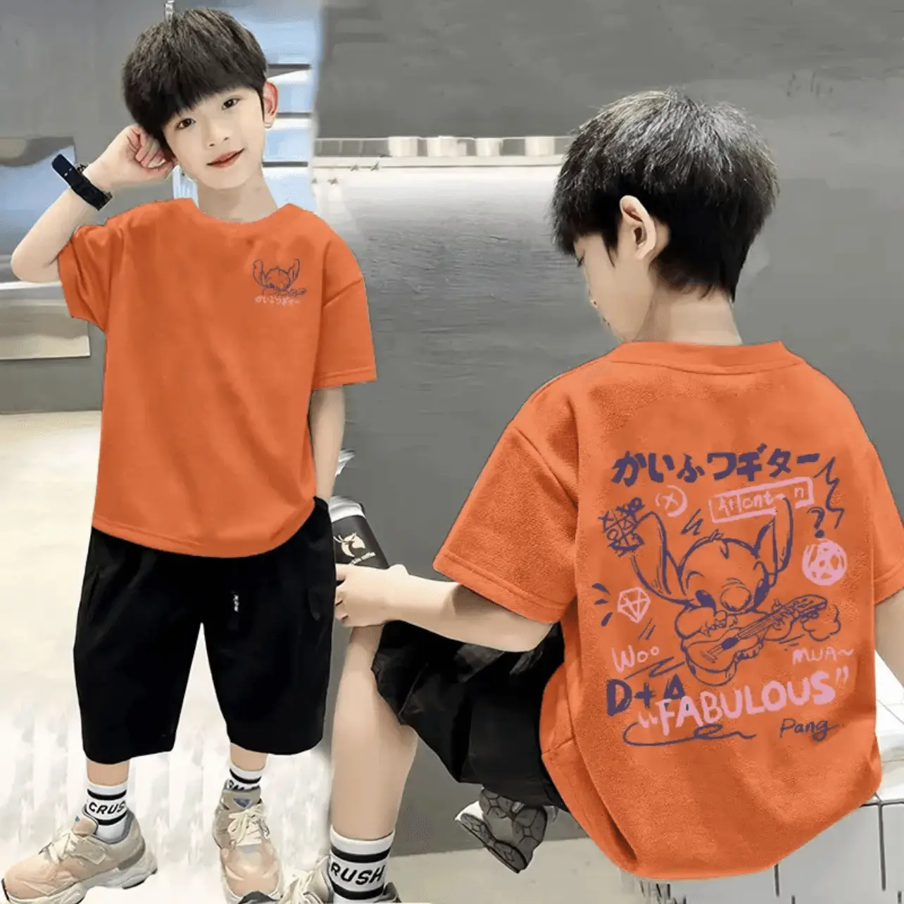 Cotton Boys T-shirt Shorts Set Black Graphic Summer Wear