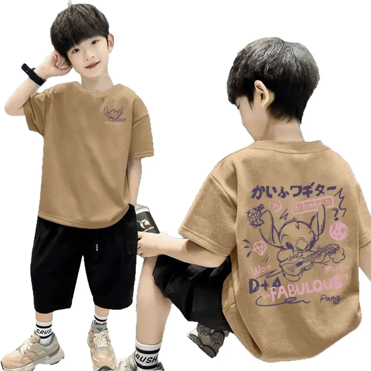 Cotton Boys T-shirt Shorts Set Black Graphic Summer Wear