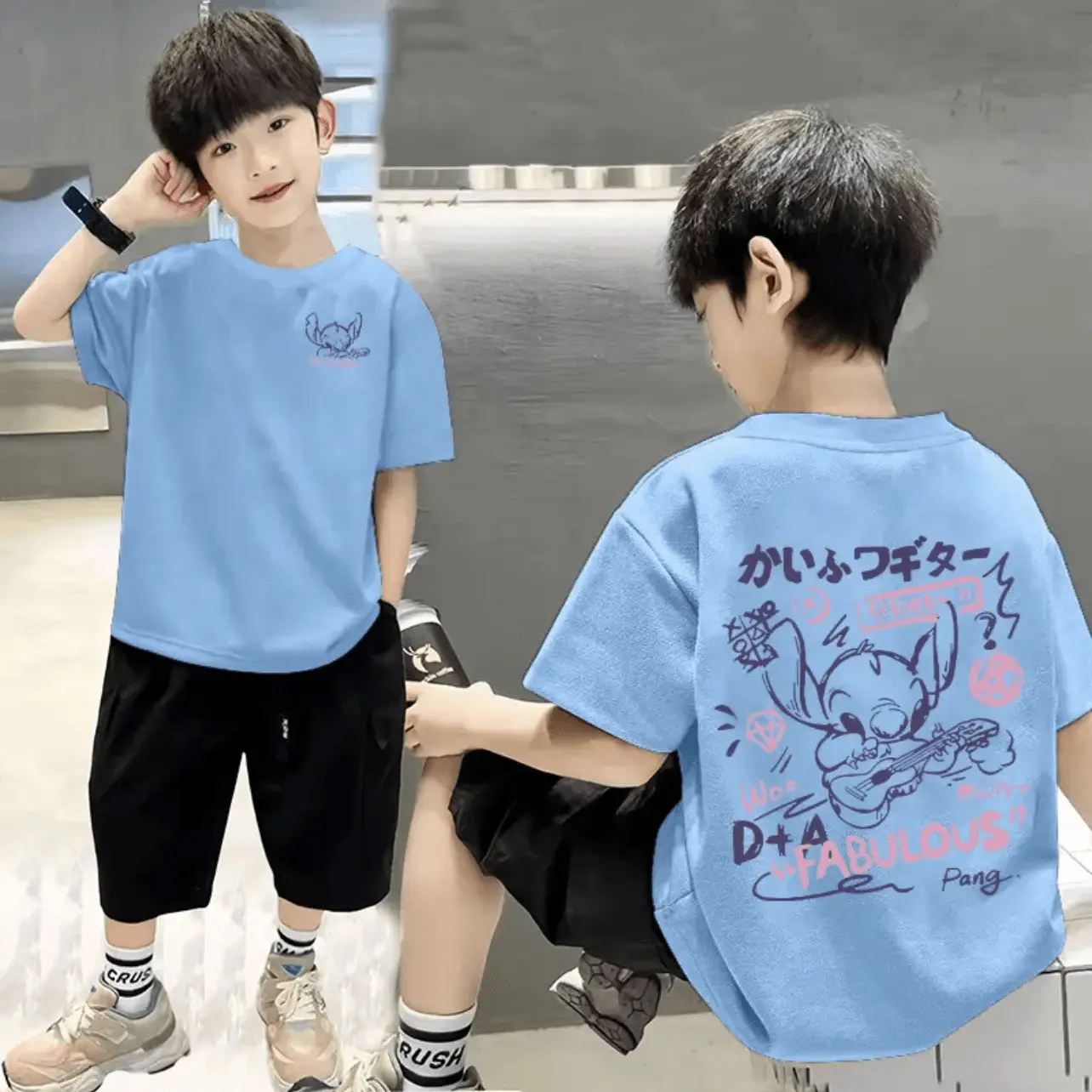 Cotton Boys T-shirt Shorts Set Black Graphic Summer Wear