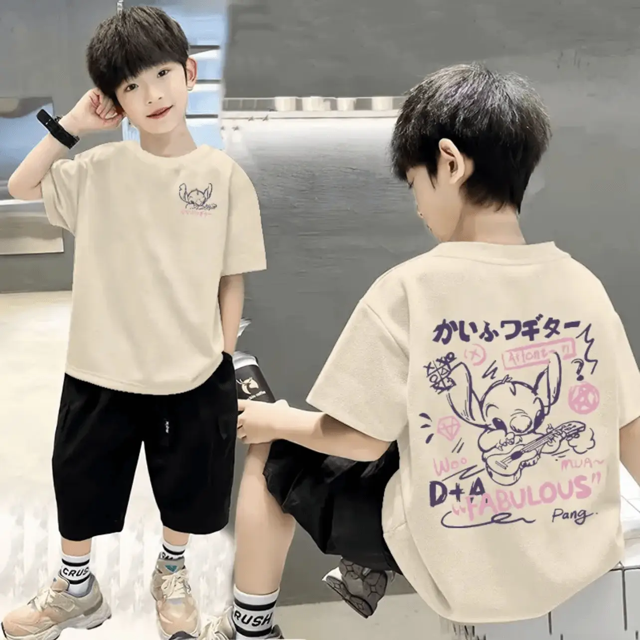 Cotton Boys T-shirt Shorts Set Black Graphic Summer Wear