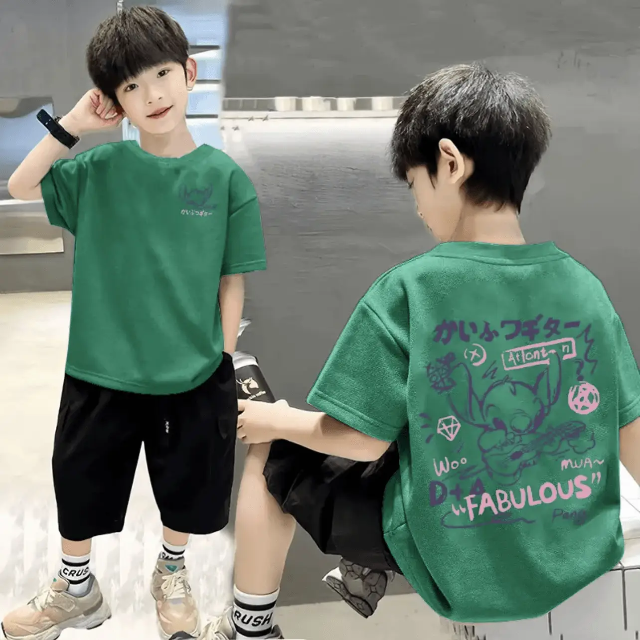 Cotton Boys T-shirt Shorts Set Black Graphic Summer Wear