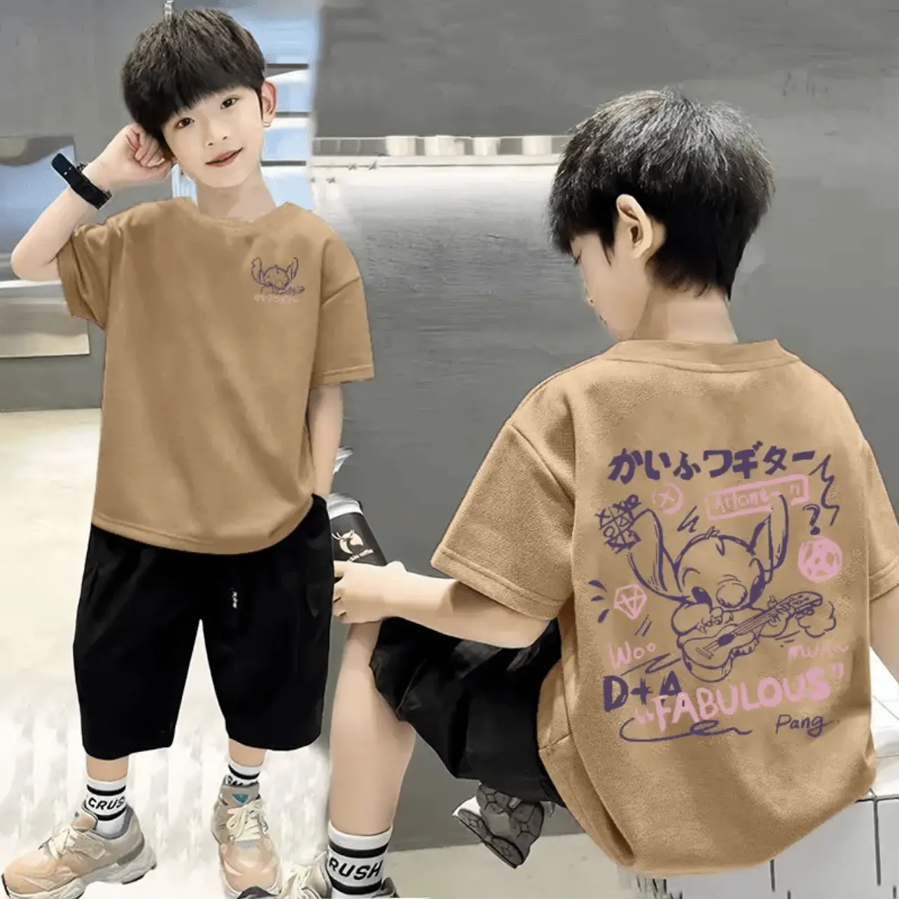 Cotton Boys T-shirt Shorts Set Black Graphic Summer Wear