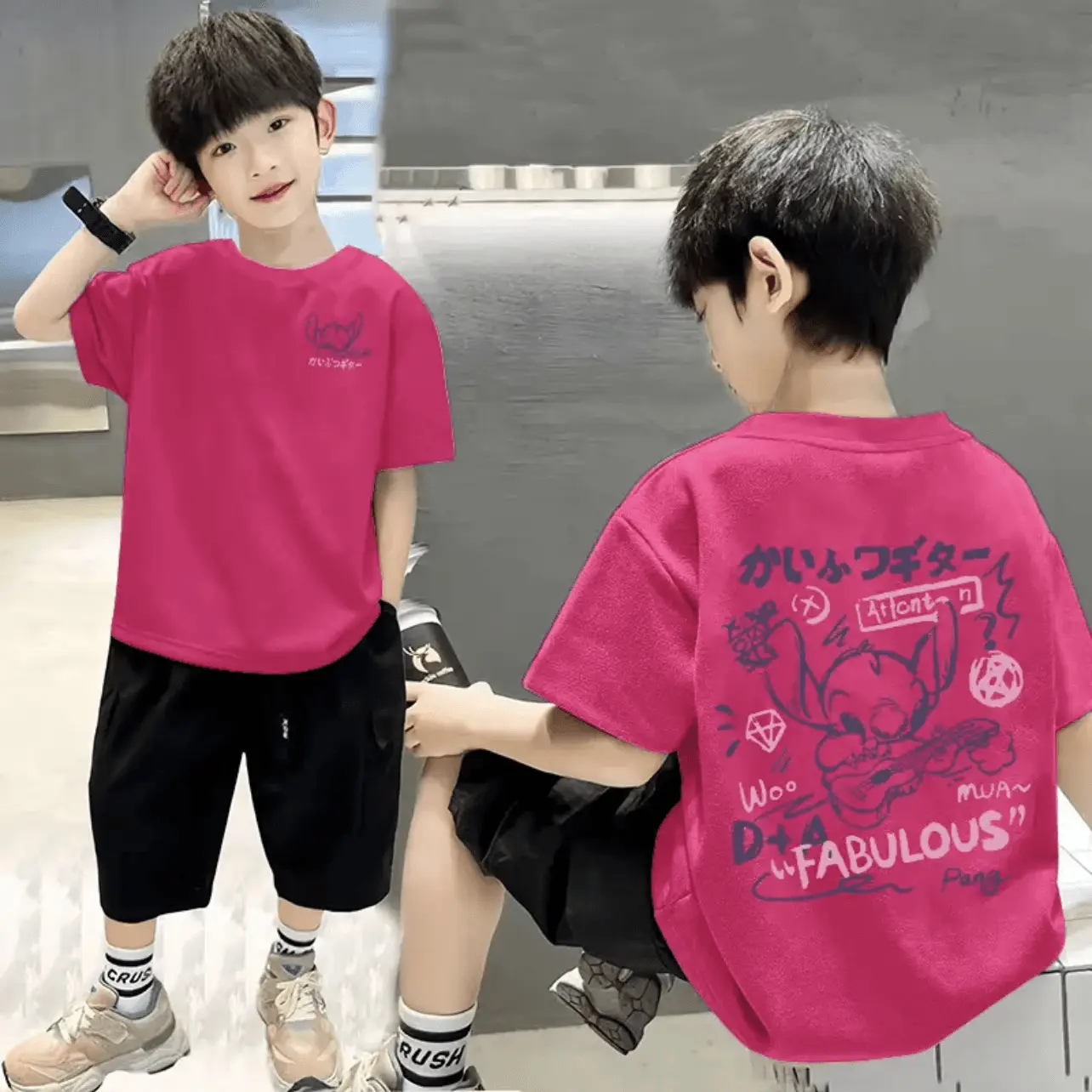 Cotton Boys T-shirt Shorts Set Black Graphic Summer Wear
