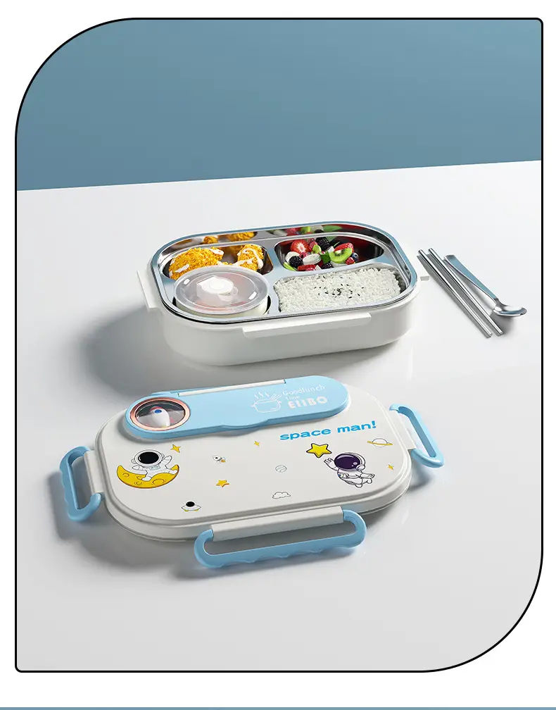 Cartoon children's stainless steel compartment lunch box portable lunch box student office worker lunch box insulation box with tableware — feature 10