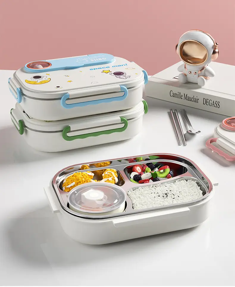 Cartoon children's stainless steel compartment lunch box portable lunch box student office worker lunch box insulation box with tableware — feature 14