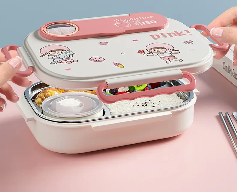 Cartoon children's stainless steel compartment lunch box portable lunch box student office worker lunch box insulation box with tableware — feature 5
