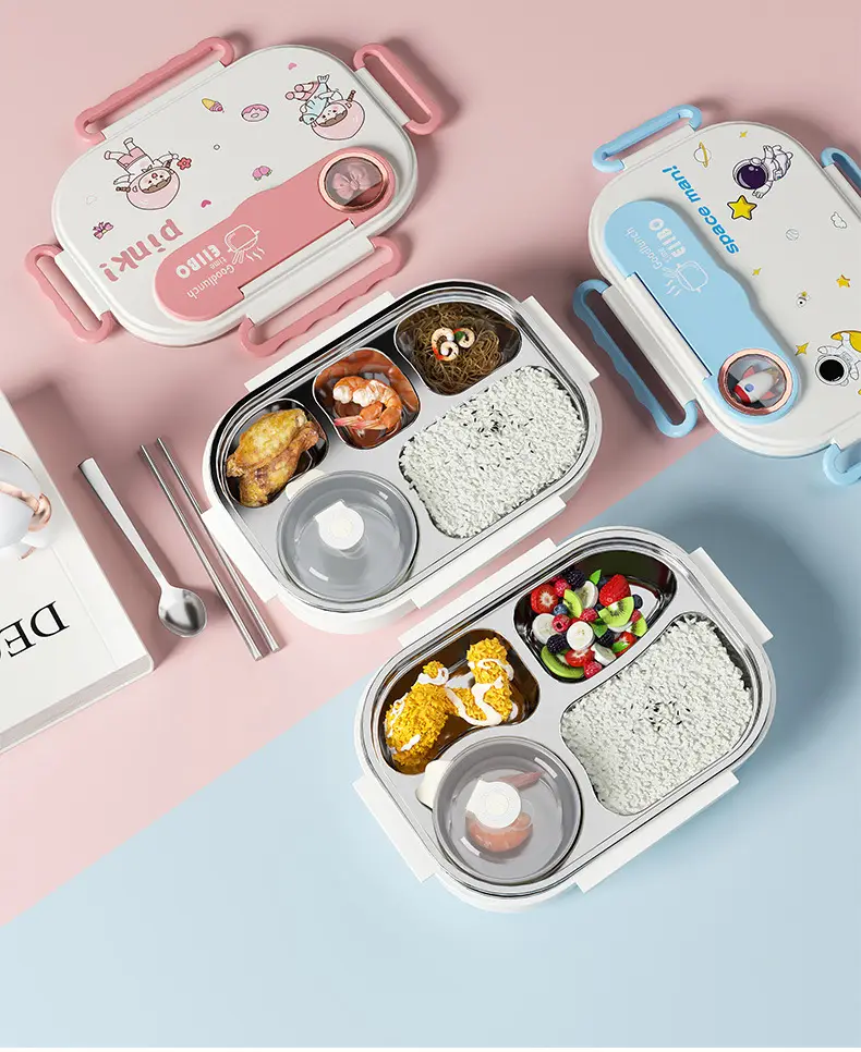 Cartoon children's stainless steel compartment lunch box portable lunch box student office worker lunch box insulation box with tableware — feature 8