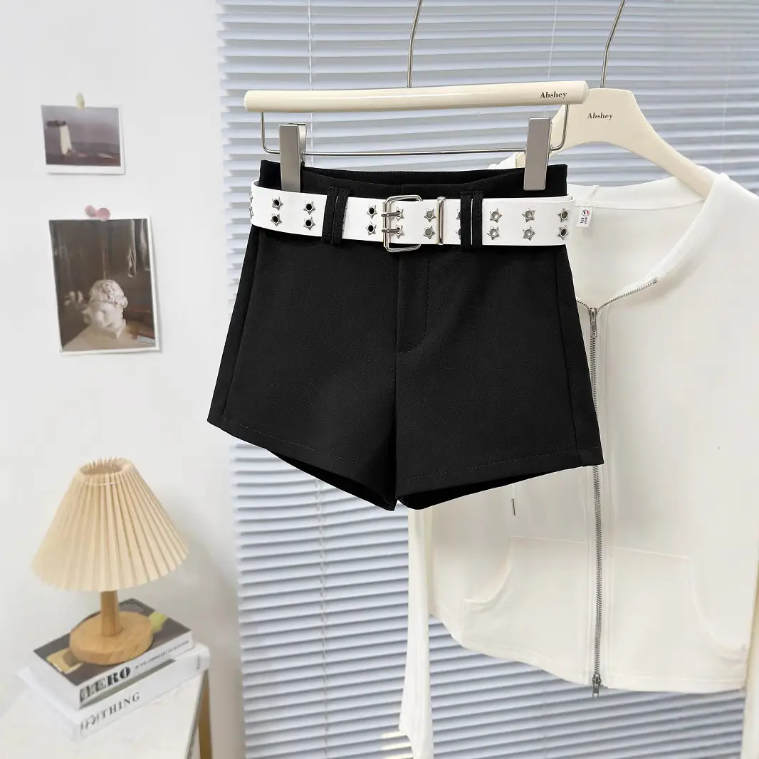 Women Black Hip Shorts with Belt 2025 Spring Summer