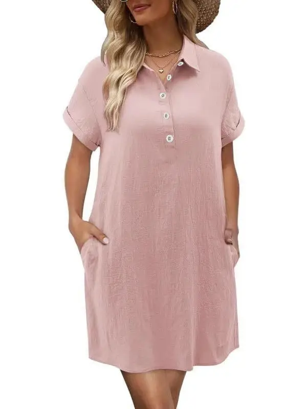 Women Cotton Button Dress Light Blue Summer Casual Pockets - Image 6