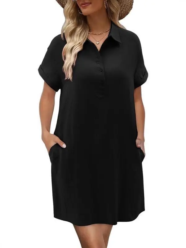 Women Cotton Button Dress Light Blue Summer Casual Pockets - Image 7