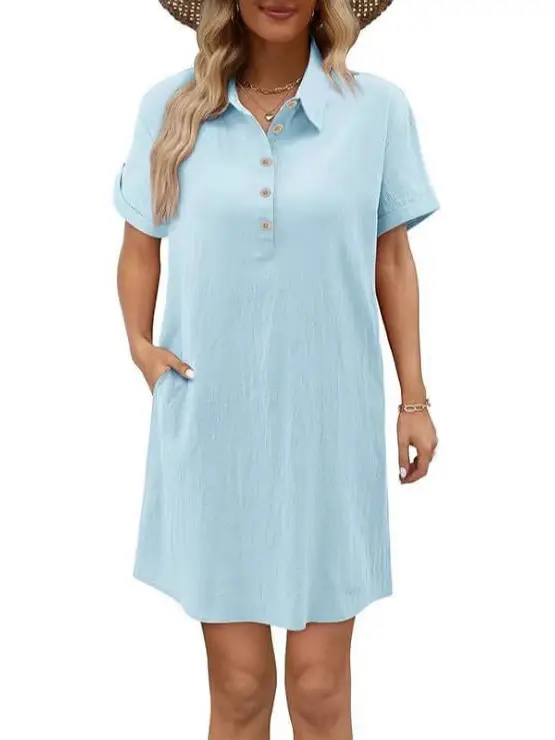 Women Cotton Button Dress Light Blue Summer Casual Pockets - Image 8