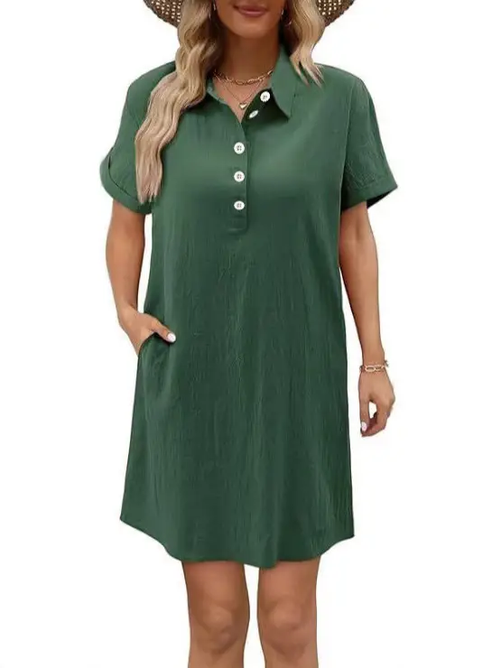 Women Cotton Button Dress Light Blue Summer Casual Pockets - Image 9