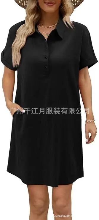 Women Cotton Button Dress Light Blue Summer Casual Pockets — feature 10
