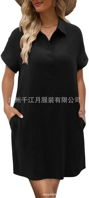 Women Cotton Button Dress Light Blue Summer Casual Pockets — feature 11